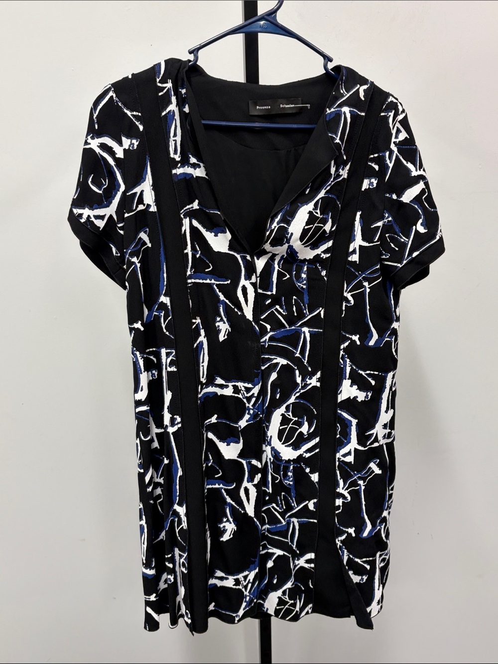 Proenza Schouler Black White and Blue Abstract Short Sleeve Tunic